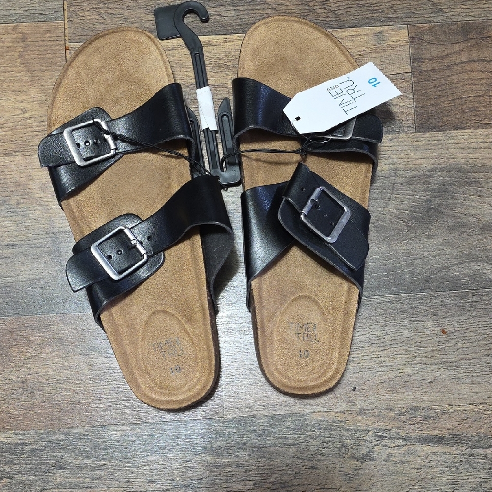 Time and Tru Black Buckle Sandals